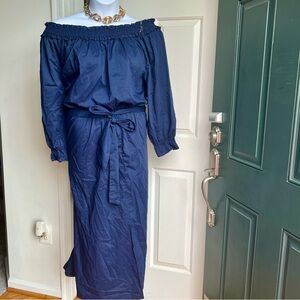 Ashley Stewart Off-Shoulder Navy Blue belted Dress